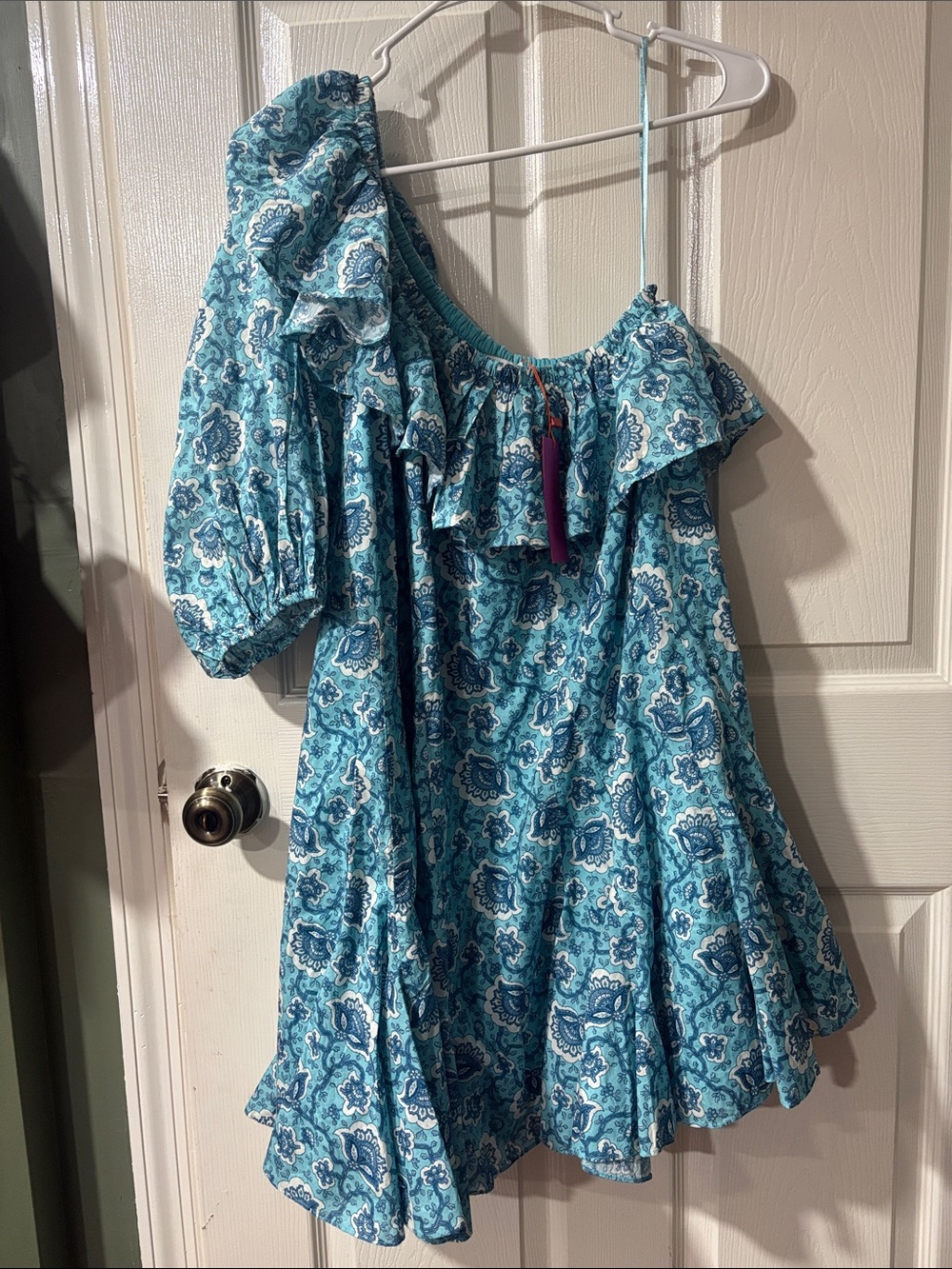 RHODE Turquoise and Navy Paisley Off-Shoulder Top